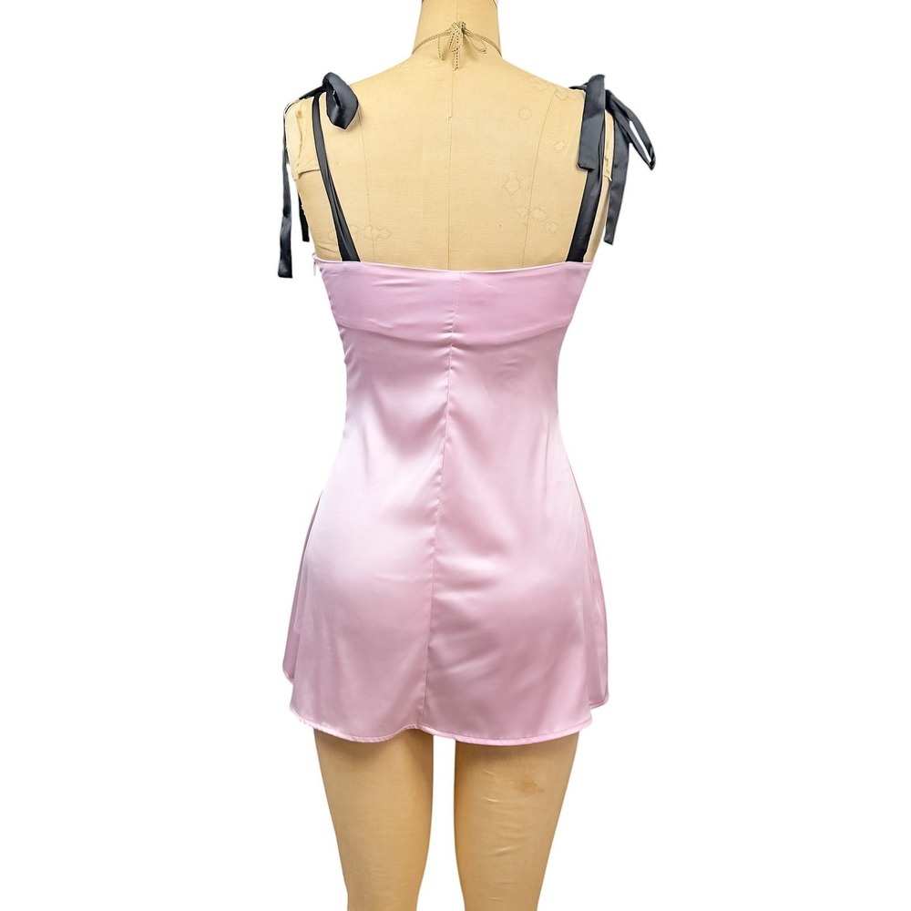 Y2K Coquette 3D Bunny Satin Mini Dress Ribbon Bow Tie Straps Whimsical Kawaii XS - Picture 3 of 9